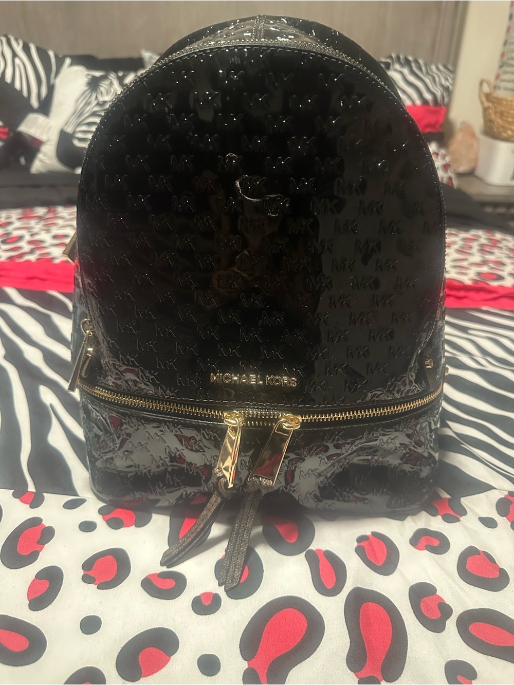 Michael Kors Women's Black Patent Leather Logo Backpack